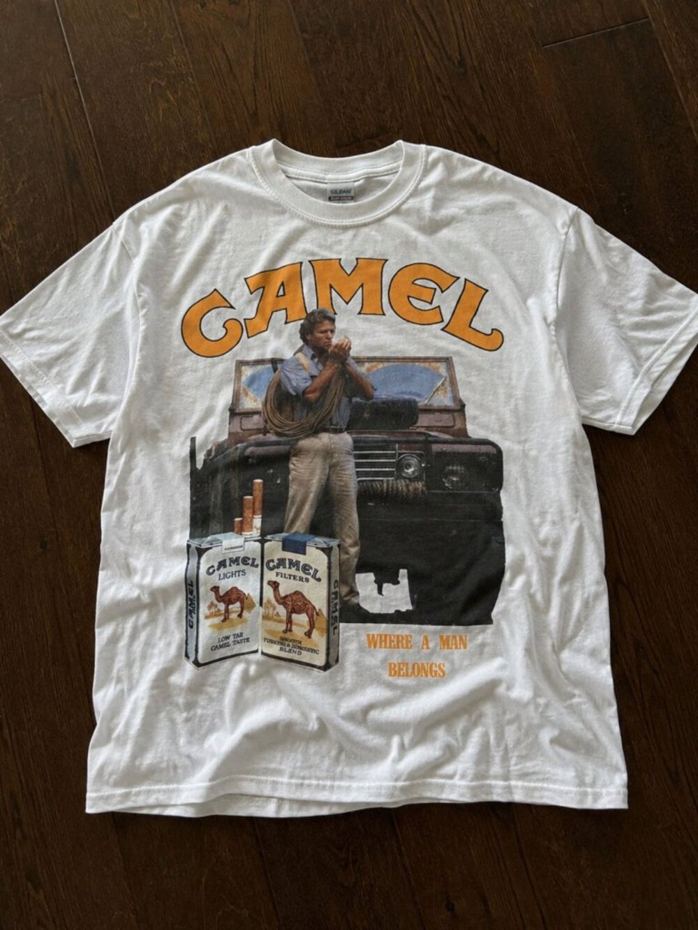 Camel Where A Man Belongs Vintage Ad Tee White